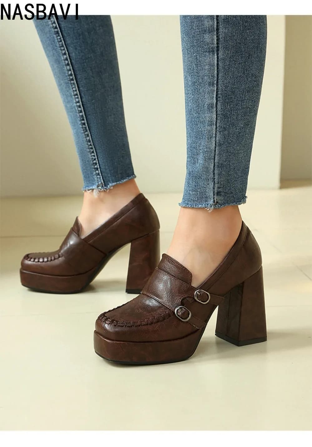 Scarpe da Donna in Pelle Marrone con Punta Rotonda Stile Romano, Slip-on con Plateau 9,5 cm, Mary Janes, Mocassini, Stile Inglese