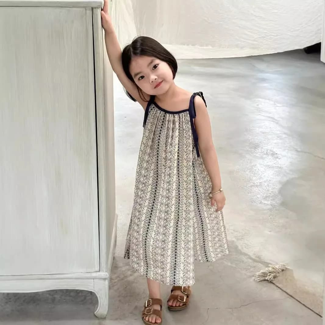 UNITIM Abito estivo per bambina con stampa floreale sottile, abito senza maniche per bambina da 2 a 8 anni, abito da spiaggia con spalline per bambina