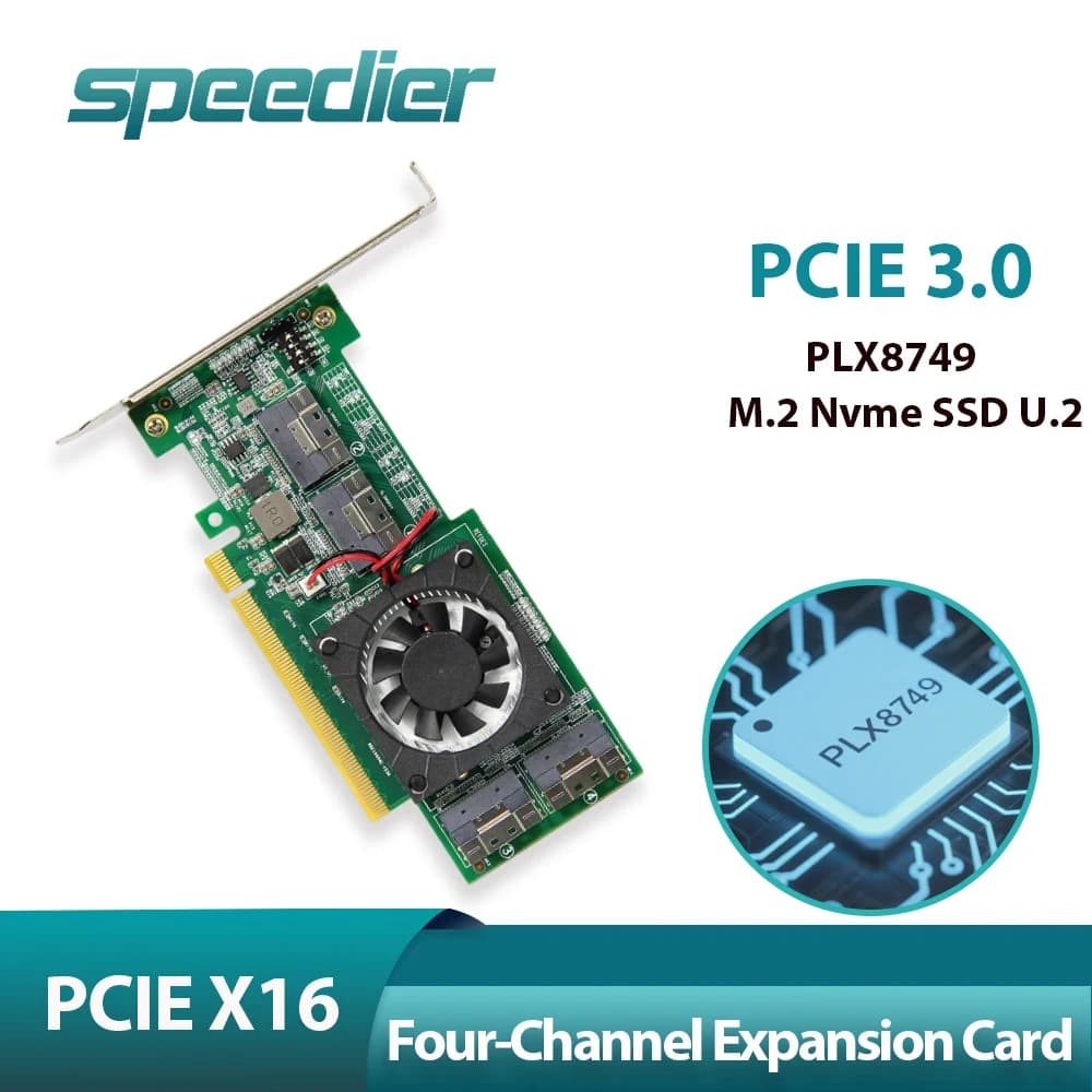 PCIe 3.0 X16 PLX8749 Expansion Card 4-Port SFF-8654 , No Bifurcation Needed Support NVMe M.2 U.2 SSD External GPU PCIe Splitter