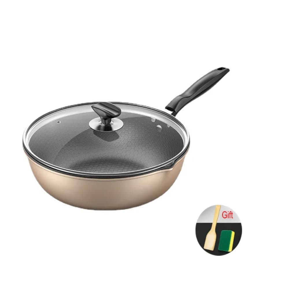 Honeycomb Pattern Non-Stick Frying Pan Dual-sided Drainage Ports Scratch Resistant Frying Wok Lightweight with Lid Cooking Pot