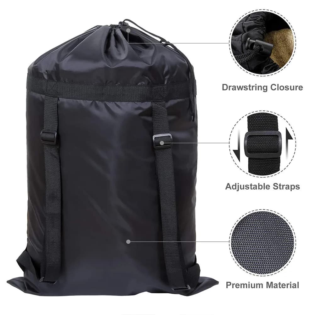Polyester Waterproof Heavy Duty Backpack Laundry Bag Large Clothes Storage Bag Black for Travel Camping Household Clothes