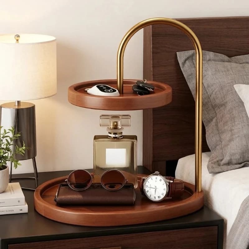 Retro Bamboo Wood Jewelry Storage Tray, Tabletop Decor Display Stand for Keys & Aroma Diffuser, Ideal for Bedroom and Entrance