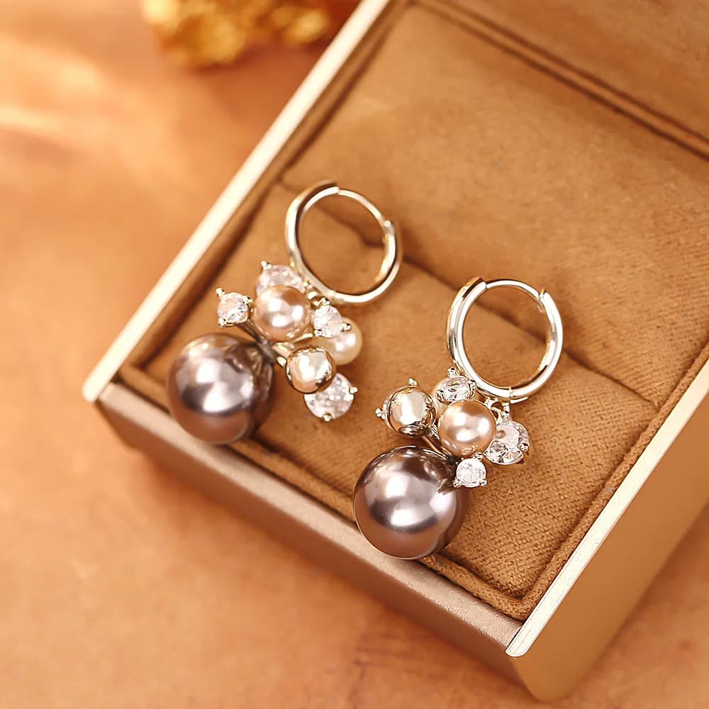 Maillard Dark Coffee Glass Pearl Earrings Super Flash Zircon Flower Earrings Exquisite Fashion Niche Earrings for Women