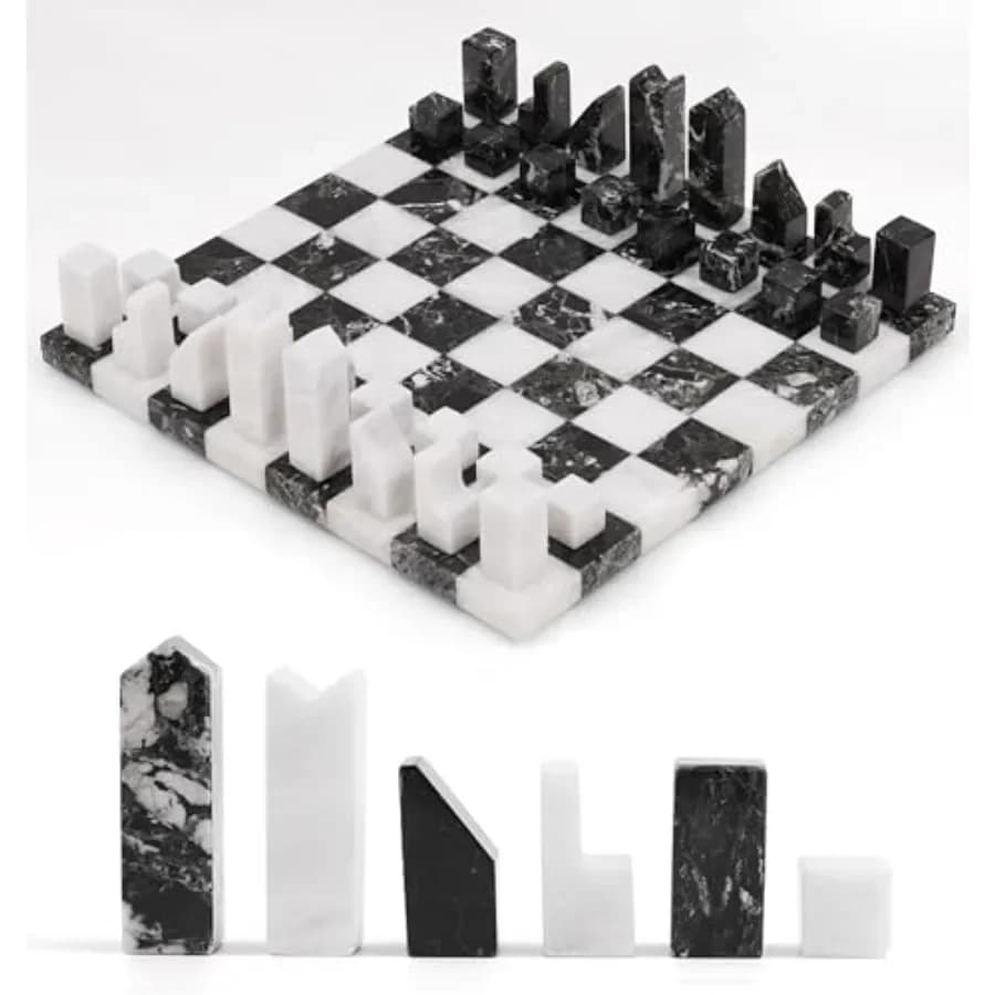 Set di scacchi da tavolo con tavola in marmo senza bordi, realizzata a mano, con pezzi geometrici minimalisti, bianco e nero, decorazione di lusso per la casa