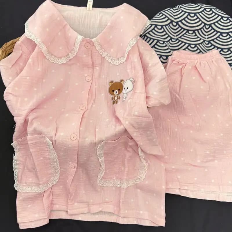 Set Pigiama Anime Rilakkuma 2 Pezzi per Donna, Estivo con Maniche Corte e Pantaloncini, Abbigliamento da Casa in Puro Cotone, Regalo Festivo