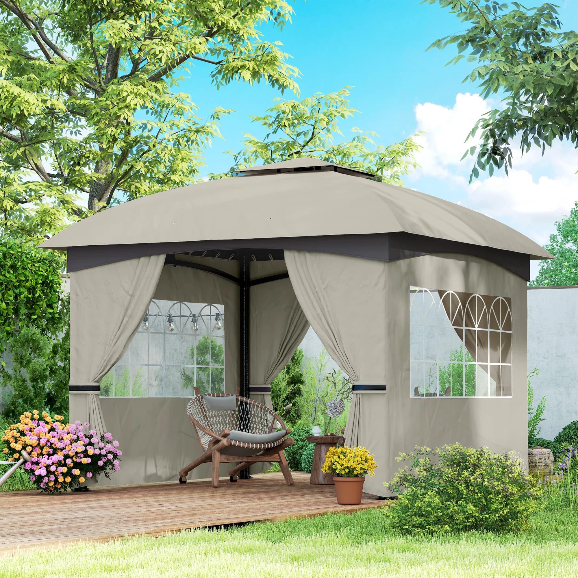 11' X 11' Outdoor Gazebo with Curtains, Church Windows Light Gray