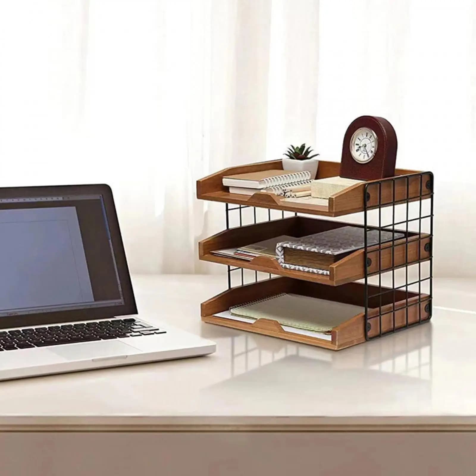 Vassoio per scatola in legno Forniture per ufficio in legno Selezionatore Vassoio per carta in rete metallica Organizzatore a 3 livelli per riviste di posta per ufficio domestico Articoli vari