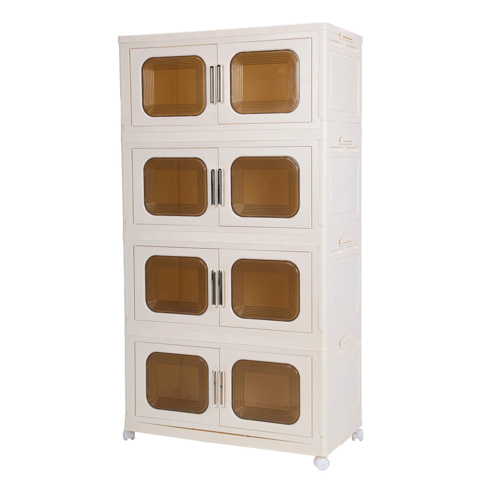 4 Level Foldable Plastic Boxes with Wheels and Magnetic Doors, Stackable Containers for Living Room, Bedroom, Office