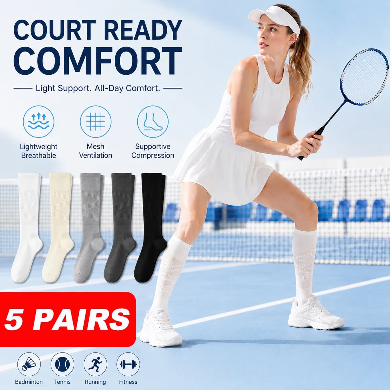 5 Pairs Women Compression Calf Socks Breathable Mesh Knee High Sports Socks for Running Gym Fitness Tennis Outdoor Training