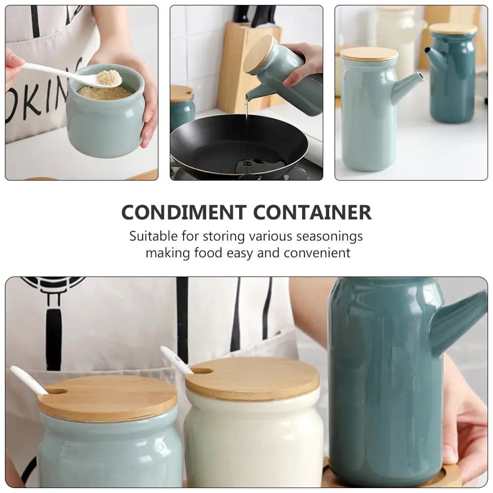 1Set Ceramic Seasoning Jars Set with Wooden Base Lid Spoon Oil Pot for Salt Pepper Spices Storage Dustproof Moistureproof