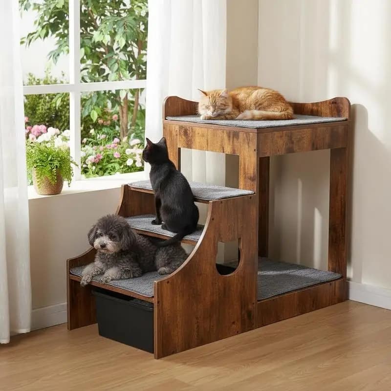 Piattaforma Multi-Livello per Animali Domestici 8,4m x 4,7m x 7,2m per Camera da Letto, Soggiorno, Lato Finestra, con Gradini Staccabili e Contenitore Integrato