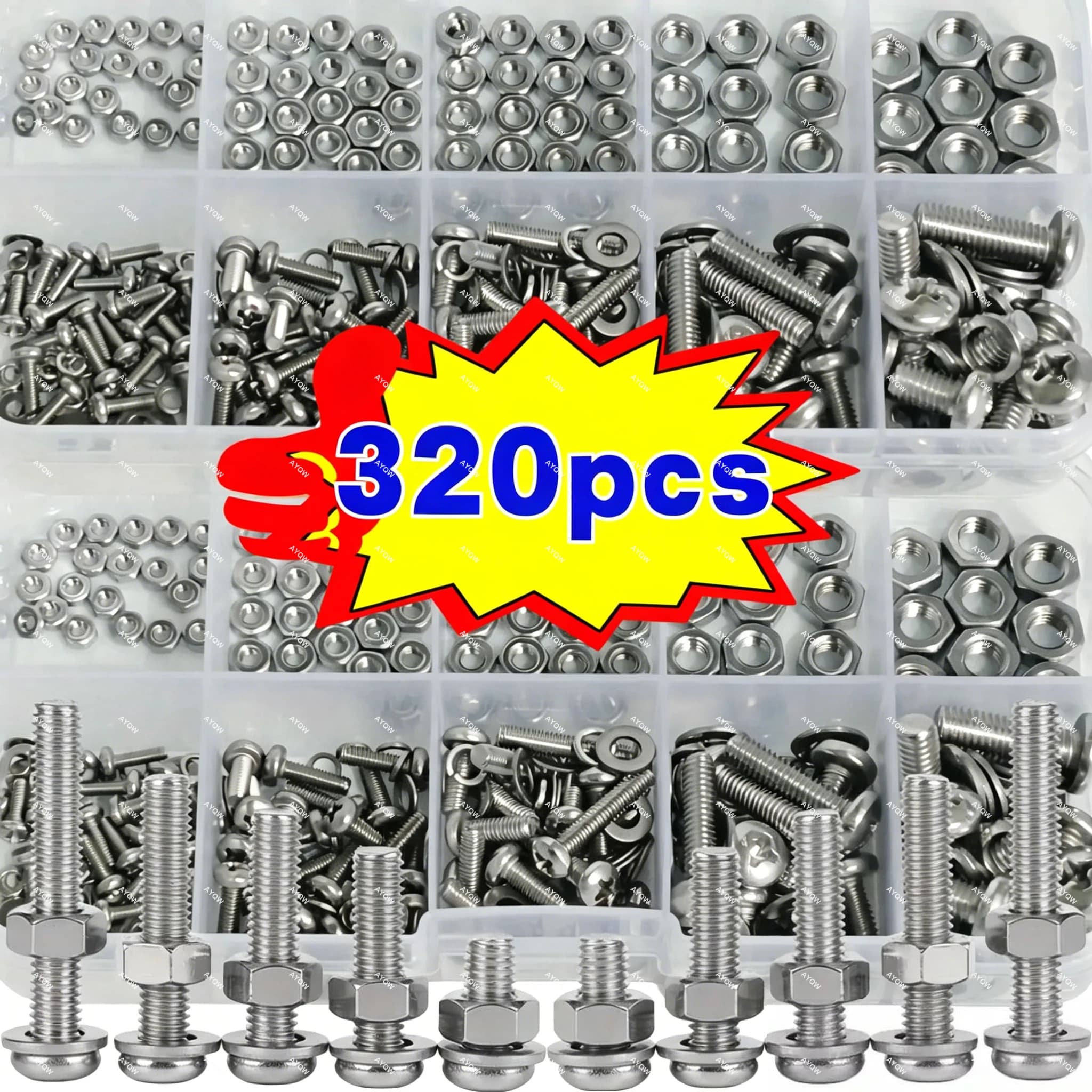 120/320-Piece Hex Nut and Bolt Set, M2/M2.5/M3/M4/M5 Metric Fasteners, Stainless Steel Hex Hardware, Combined Repair Bolt and Nut Kit, Multi-Specification Threaded Fasteners, Furniture and Electronic Equipment Assembly Parts, Household and Industrial Repair Hardware, DIY Hand Fastening Kit, Anti-Rust Metal Fasteners