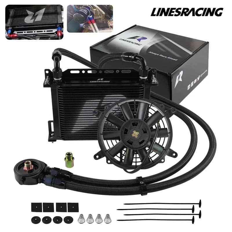 Kit radiatore olio universale LR 25 file AN10 + kit tubo adattatore filtro + kit ventola elettrica 7" 3/4"-16UNF e M20 * 1,5 e 1/8" NPT nero
