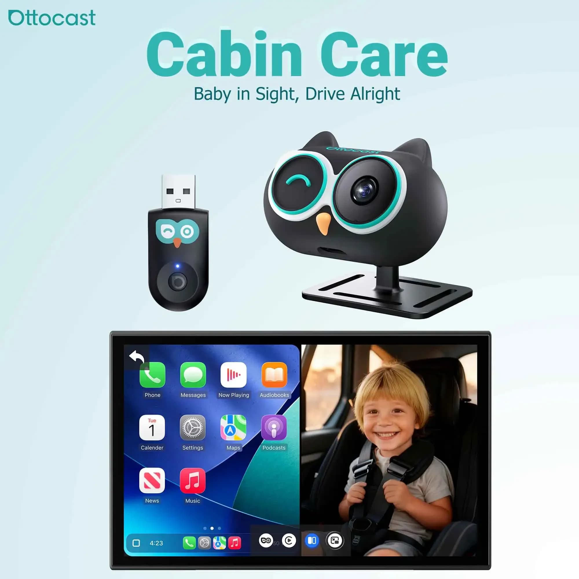 OTTOCAST Cabin Care Telecamera per Bambini in Auto con Visualizzazione su Schermo, Telecamera 1080P, Adattatore CarPlay Wireless, Accessori Auto 2026