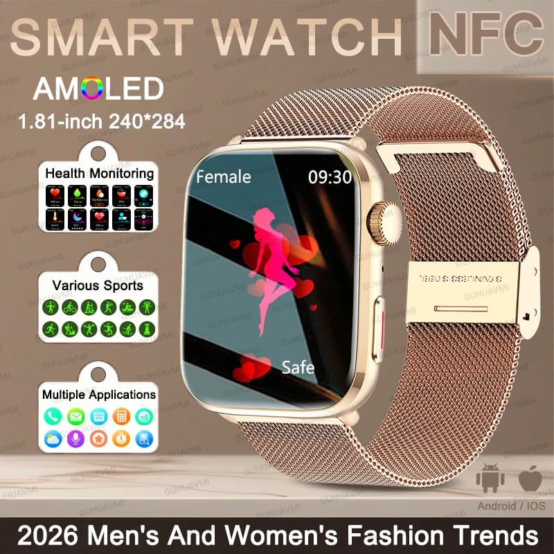 Fashion Women's New Fit 3 Ultra AI Smart Diagnosis Smart Watch NFC Bluetooth Call Health Monitor Waterproof Watch for Android iOS