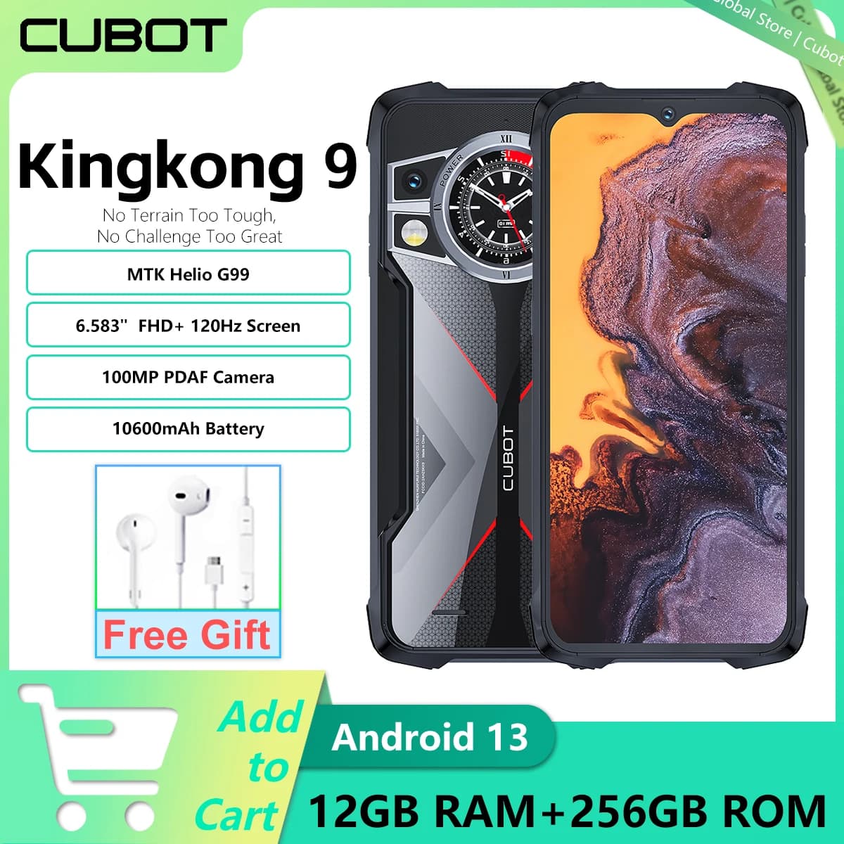 Cubot KingKong 9 Smartphone robusto Helio G99 4G Schermo da 6,58 pollici 120 Hz 12 GB + 256 GB 100 MP 10600 mAh Batteria NFC Android 13