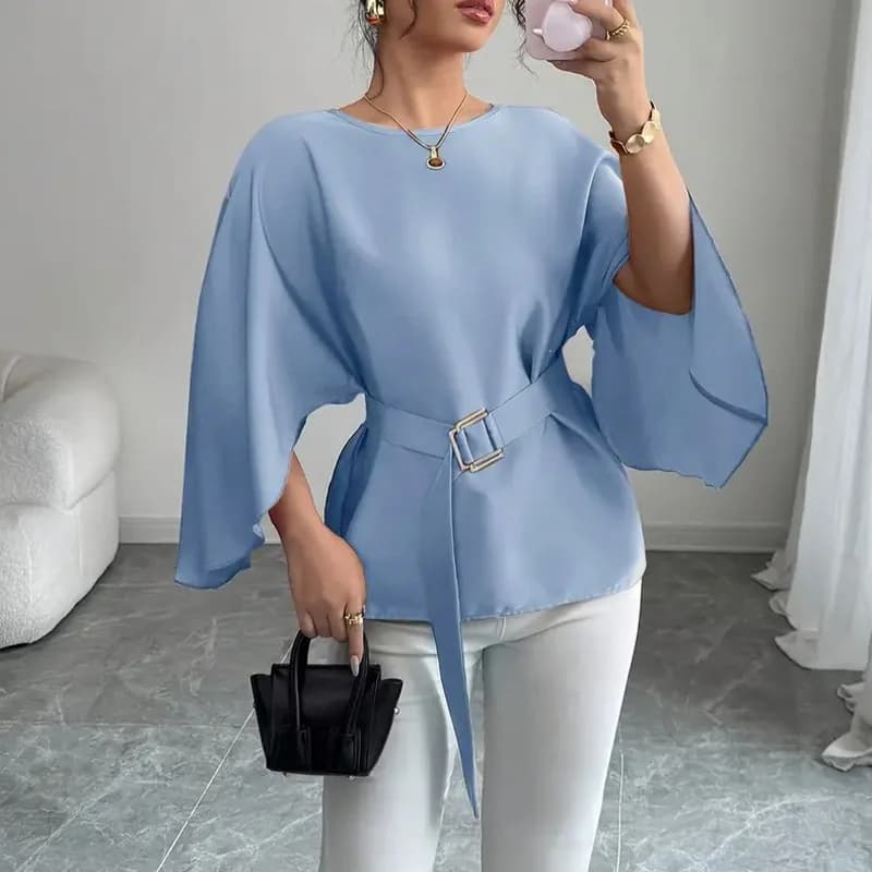 Elegant Solid Color Satin Women's Shirt with Round Neck Trumpet Shaped Bat Sleeves Waist Belt Waistband Casual Temperament Top