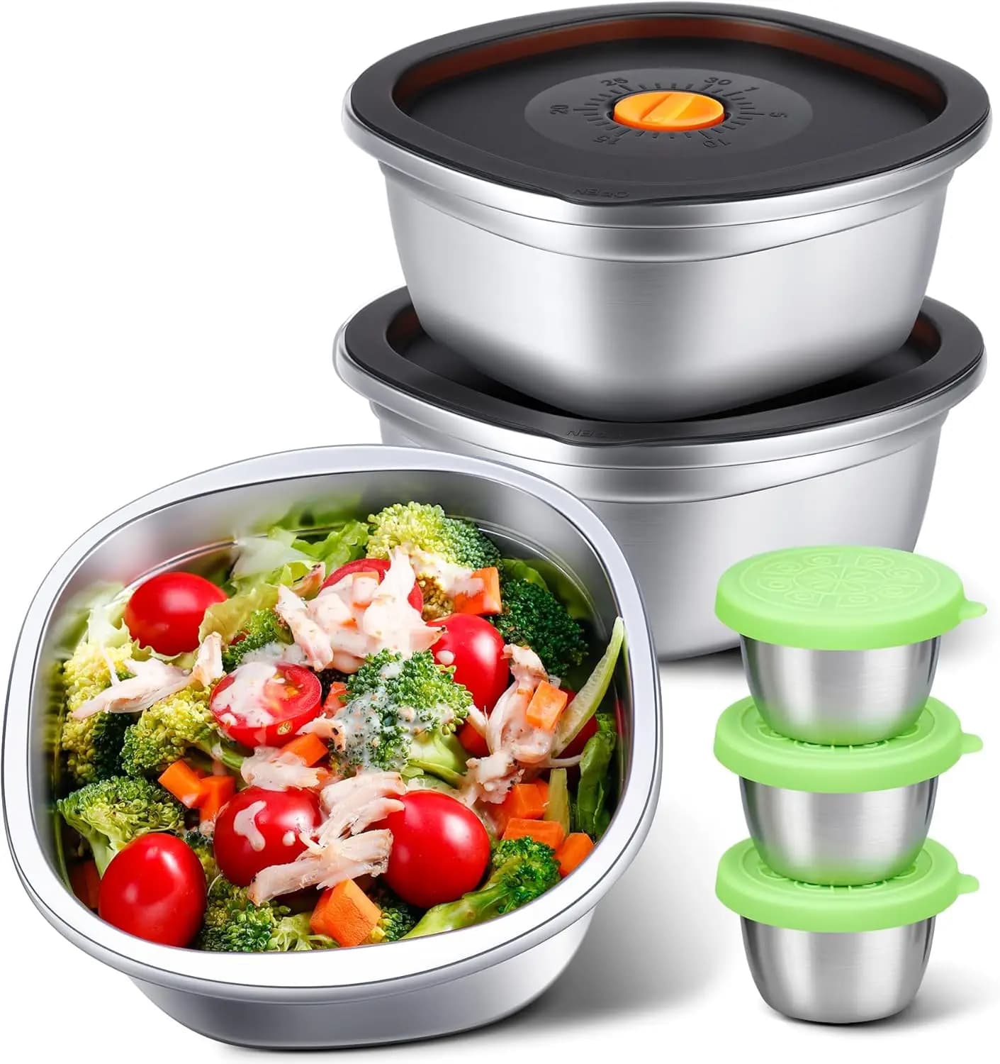 Set di 3 Ciotole per Insalata in Acciaio Inox con Coperchi e Contenitori per Condimenti - Contenitori Ermetici da 50 oz per Preparazione Pasti e Pranzo