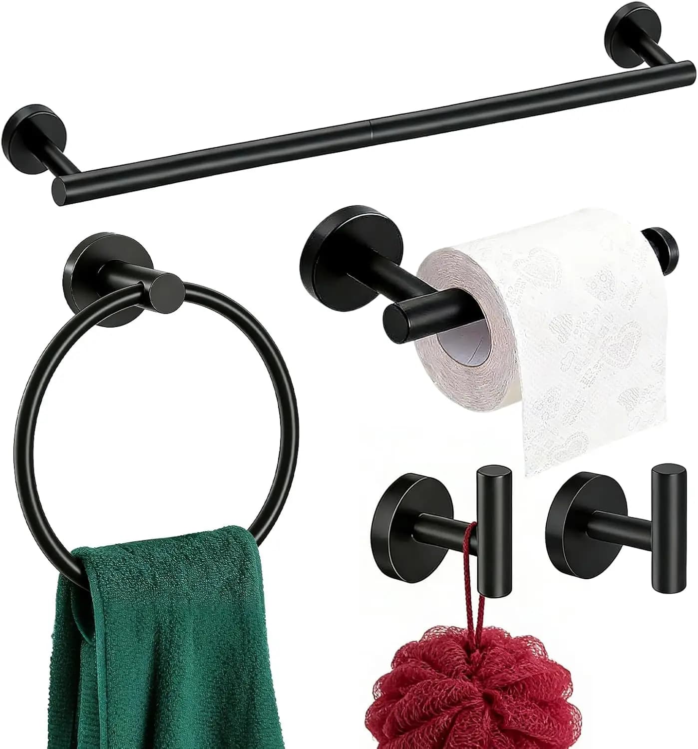 Set di Accessori per Bagno Nero Opaco 24 Pollici, Portasciugamani in Acciaio Inox con Anello e Ganci, Porta Carta Igienica da Parete