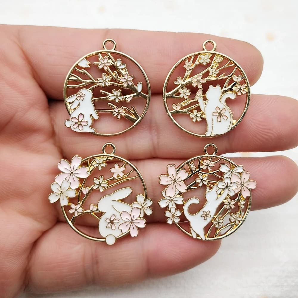 10pcs Flower Rabbit Cat Charm Jewelry Accessories Diy Making Enamel Necklace Earring Pendant Keychain Alloy Metal Gold Plated