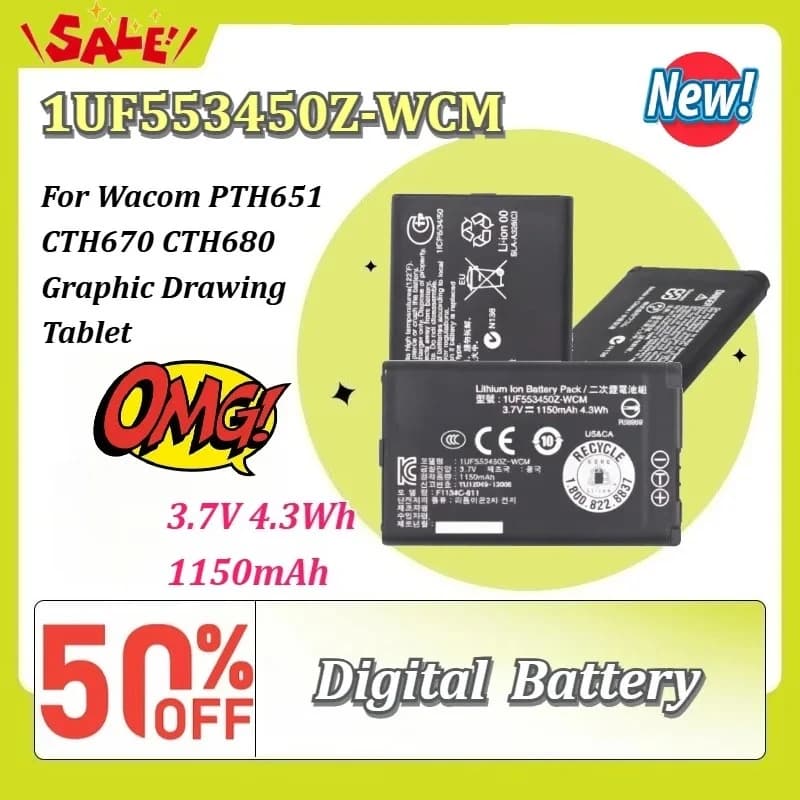 New 3.7V 1150mAh 4.3Wh Li-ion Replacement Battery 1UF553450Z-WCM ACK-40403 for Wacom PTH651 CTH670 CTH680 Graphic Drawing Tablet