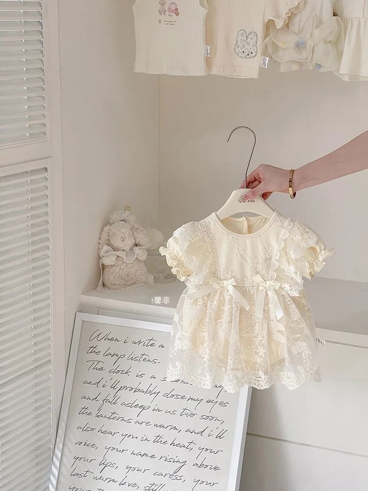 xinfefei Abbigliamento per neonati Estivo in cotone sottile a vita alta con maniche a palloncino, tinta unita, girocollo, tutina intera