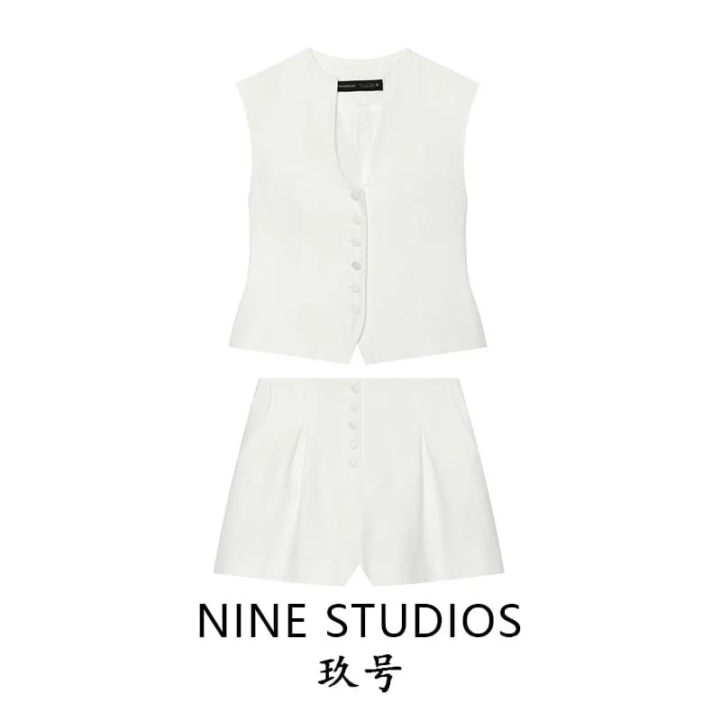 NINE ZAR Women's Fashion Set Short Sleeve Vest And Shorts Button up Style Summer Spring Collection Chinese Brand