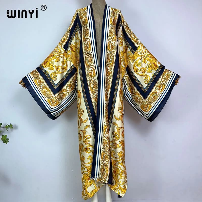 WINYI kimono Africa estate boho stampa Bikini Cover-up Elegante moda Cardigan sexy Vacanza manica lunga sensazione di seta maxi abito