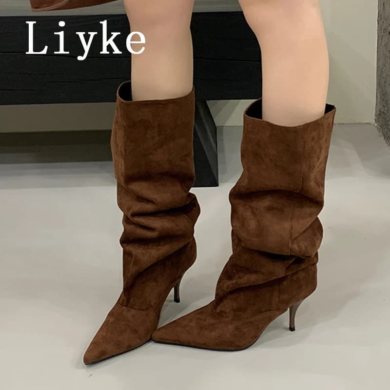 Liyke Autunno Inverno Gattini Sottili Tacchi Stivali Al Ginocchio Donne Punk Vintage Punta a punta Pista Passerella Scarpe Stivaletti Lunghi Taglia 40