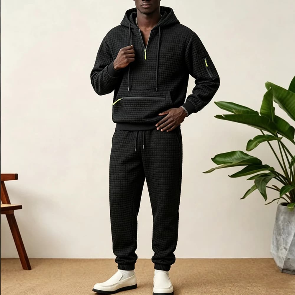Men's 2PCS Waffle Grid Tracksuit Half Zip Hoodie Sweatshirt With Zipper Pocket Athletic Pants Casual Streetwear Sport Outfit