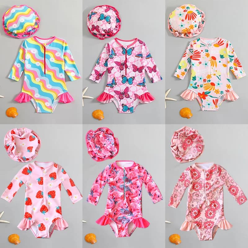 Children's long sleeve swimsuit with swimming hood, baby bikini with cartoon print, design with volant, UV protection, beach costume