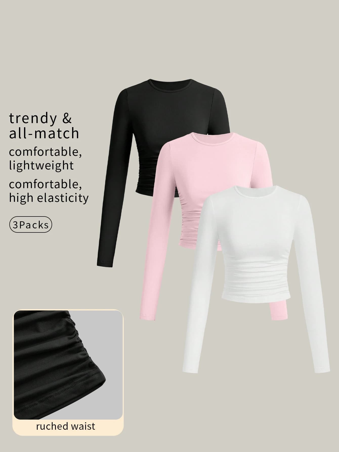3-piece women's casual solid-color round-neck pleated long-sleeved T-shirt, suitable for summer