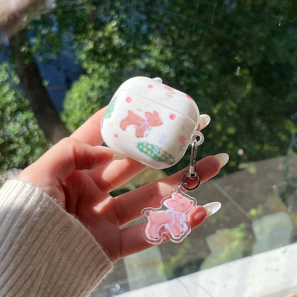 Cute Fairy Tale Graffiti Strawberry Flower Deer With Pendant Earphone Case Cover for AirPods 1 or 2 3 4 Pro 2 Pro 3