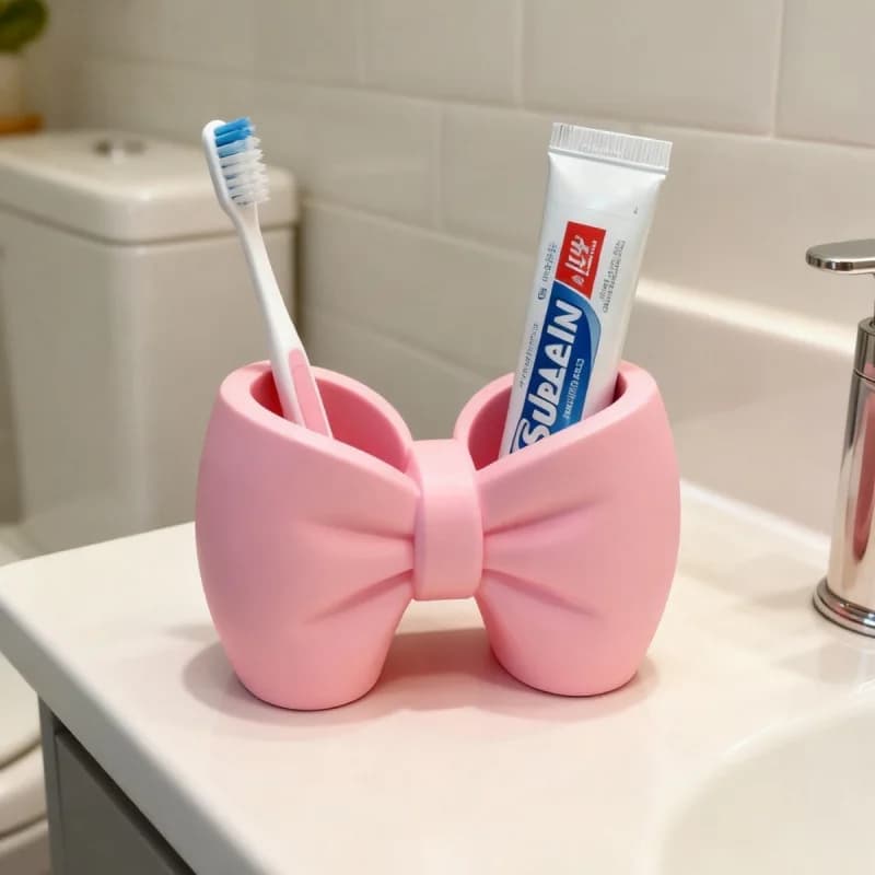 Cute Pink Bow Toothbrush Holder Double Hole Multifunctional Storage Organizer Makeup Brush Pen Holder Bathroom Desk Decor