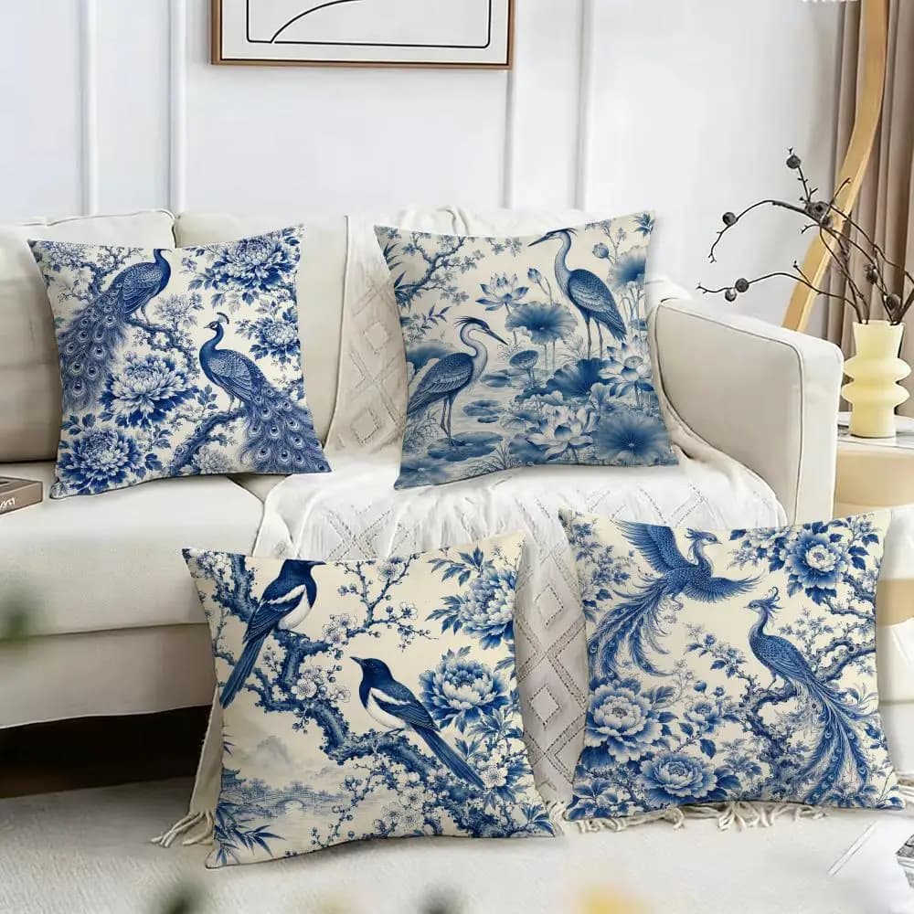 Blue and white porcelain crane Cushion Cover Pillow Case Short Plush Cushion Cover Square Throw Pillow Covers Sofa Home Decor