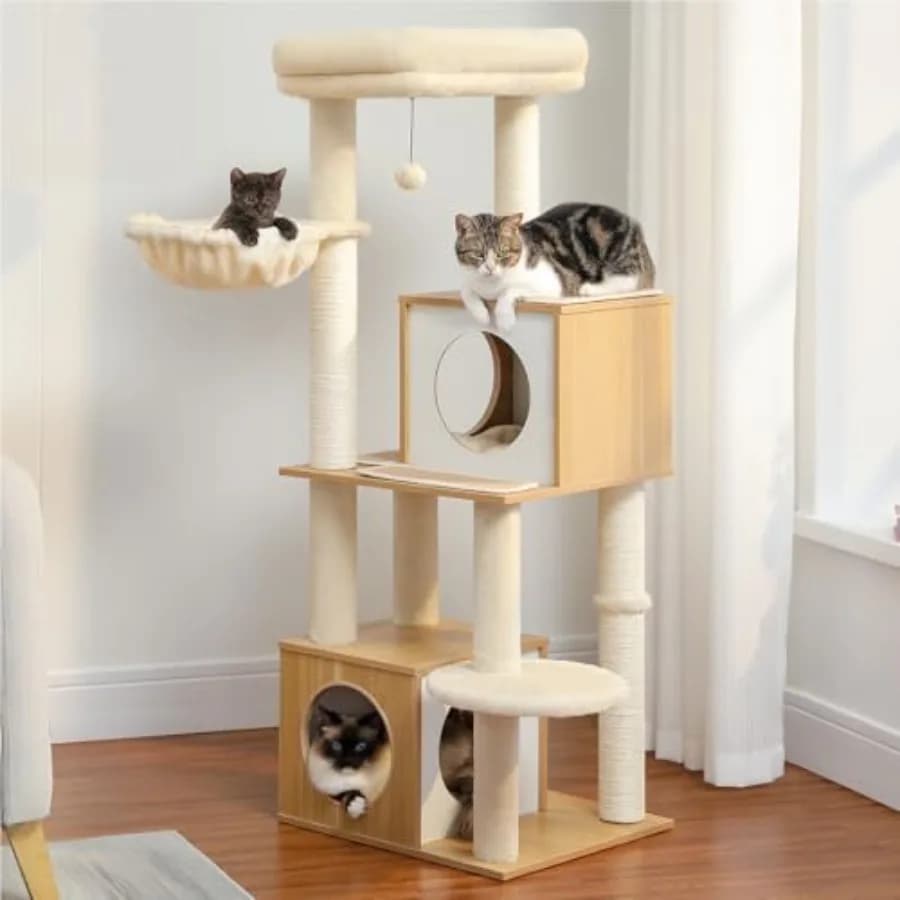 Albero per Gatti Moderno per Gatti da Interno, Grande per Adulti, 51 Pollici, in Legno, con Cucce Accoglienti e Pali Tiragraffi Completamente Rivestiti in Sisal, Top