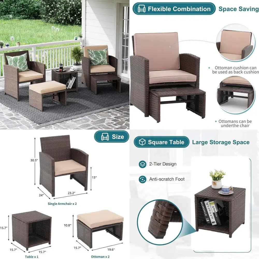 Set di mobili da giardino per esterni in 5 pezzi con cuscini, sedie in vimini marrone, pouf, tavolo portaoggetti, adatto per balcone, giardino, piscina