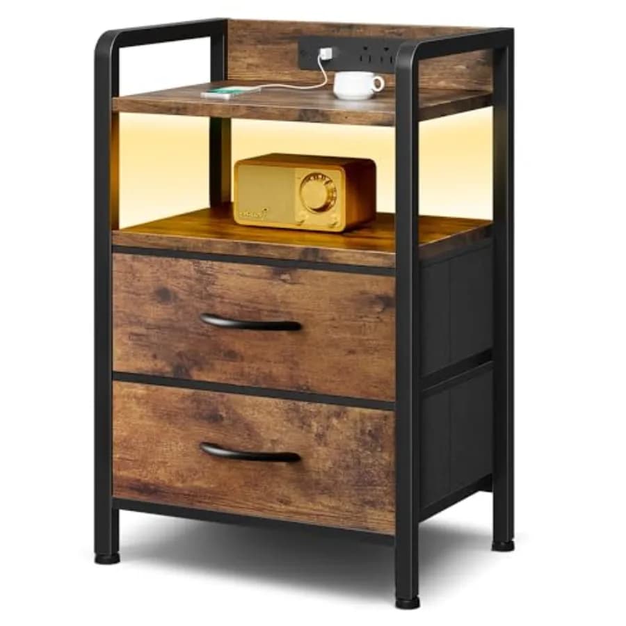 Comodino per Camera da Letto - Comodino con Stazione di Ricarica, Comodino con Striscia LED, Tavolino con Porta USB