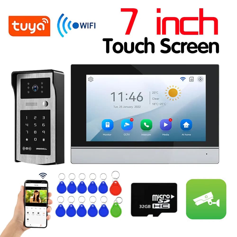 Kit Videocitofono Tuya Wifi con Schermo Touch da 7 Pollici per Famiglie, Videocitofono HD con Sblocco tramite Password/APP, Telecamera per Campanello
