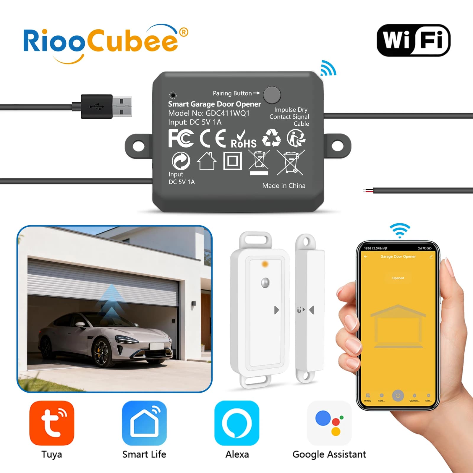 Garage RiooCubee DC 5V, USB Charging, Remote Control Tuya Smart Life, Timer, Compatible with Google Home and Alexa