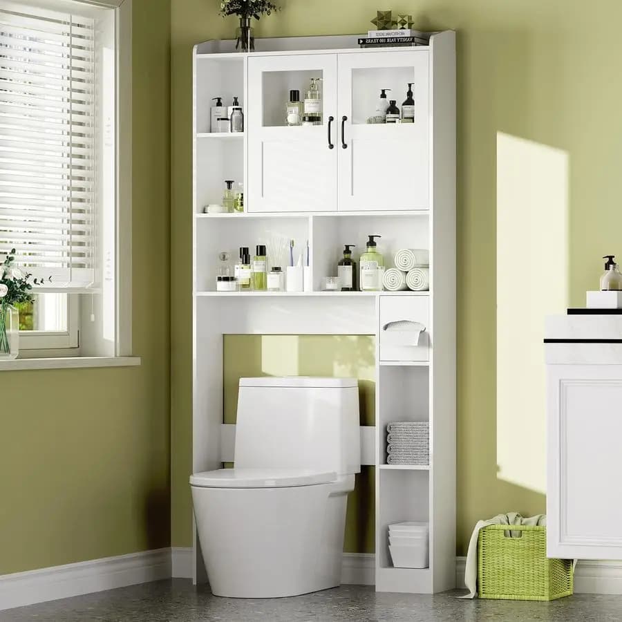 Mobiletto portaoggetti per WC, organizer da bagno regolabile con porta in vetro, da posizionare sopra il WC, con porta carta igienica, per bagno, R