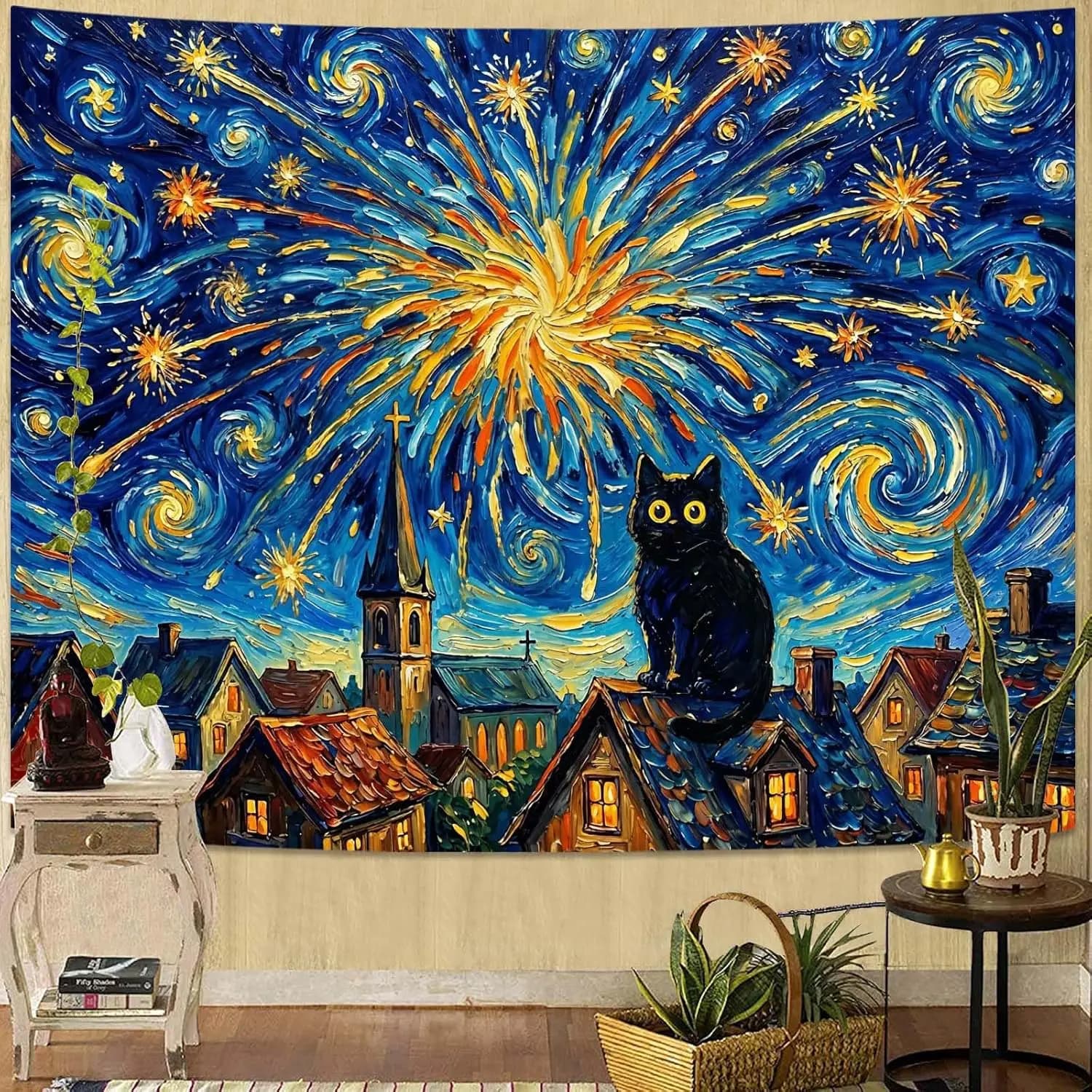 Black Cat Starry Night Tapestry, Van Gogh Style Oil Painting Wall Decor, Whimsical Impressionist Art for Bedroom