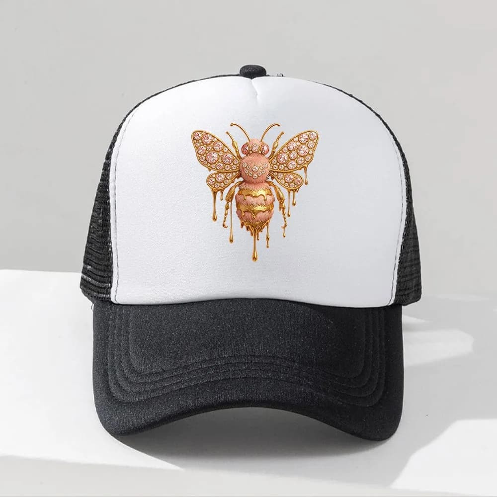 1pc, 'Adorable Bee Brooch with Pink And Golden Details Mesh Cap Adjustable Snapback Hat with Playful Cartoon