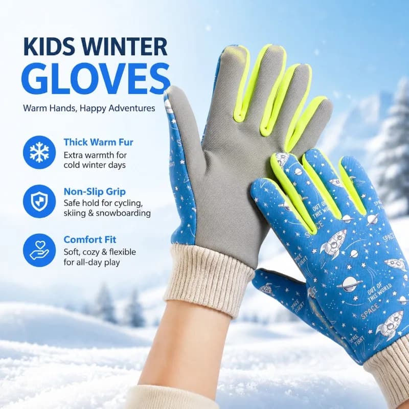 Kids Cartoon Winter Gloves Fleece Lined Thick Thermal Hand Covers Anti Slip Windproof Waterproof Mittens for Boys Girls Cycling