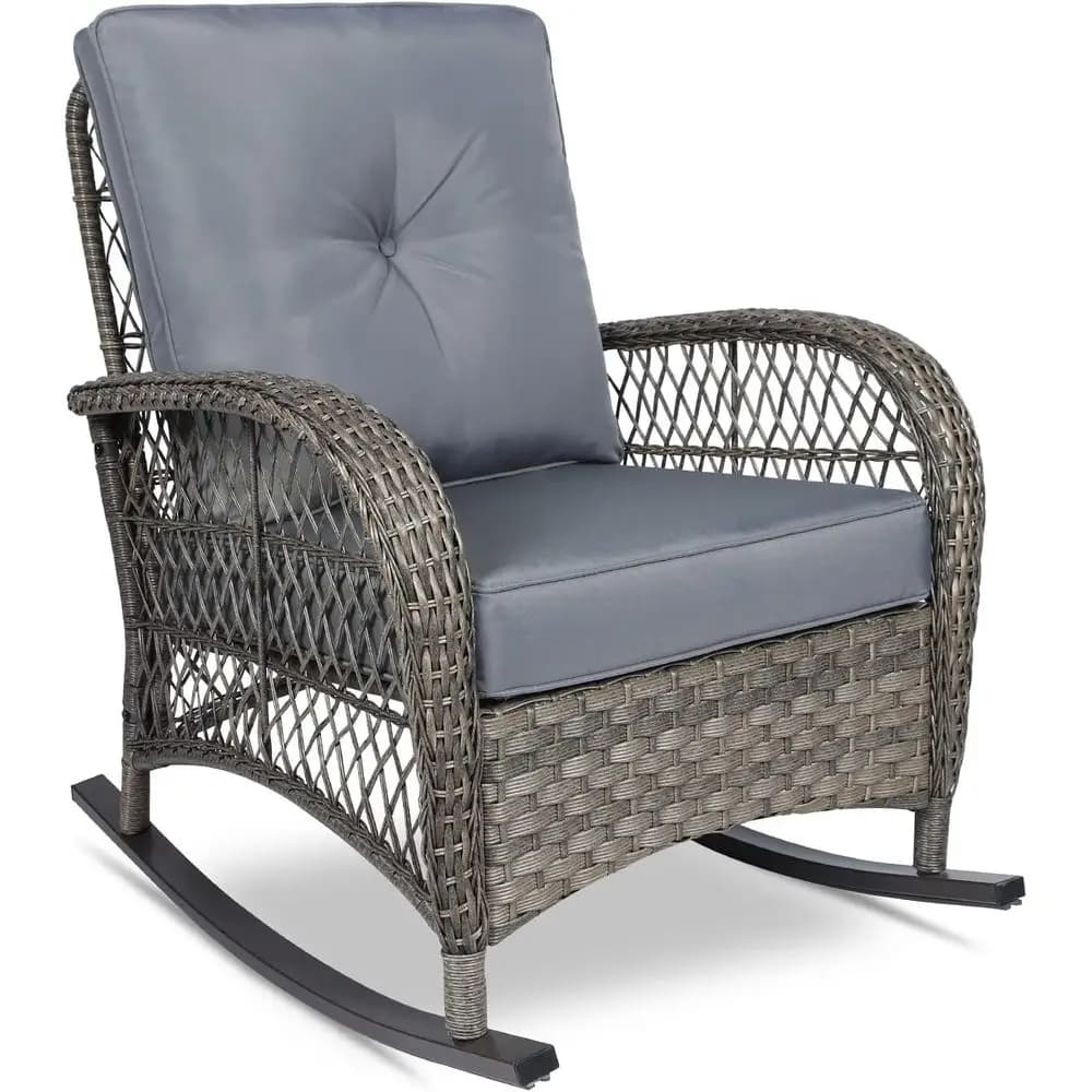Outdoor wicker rocking chair with patio cushions, garden or veranda (Grigio)