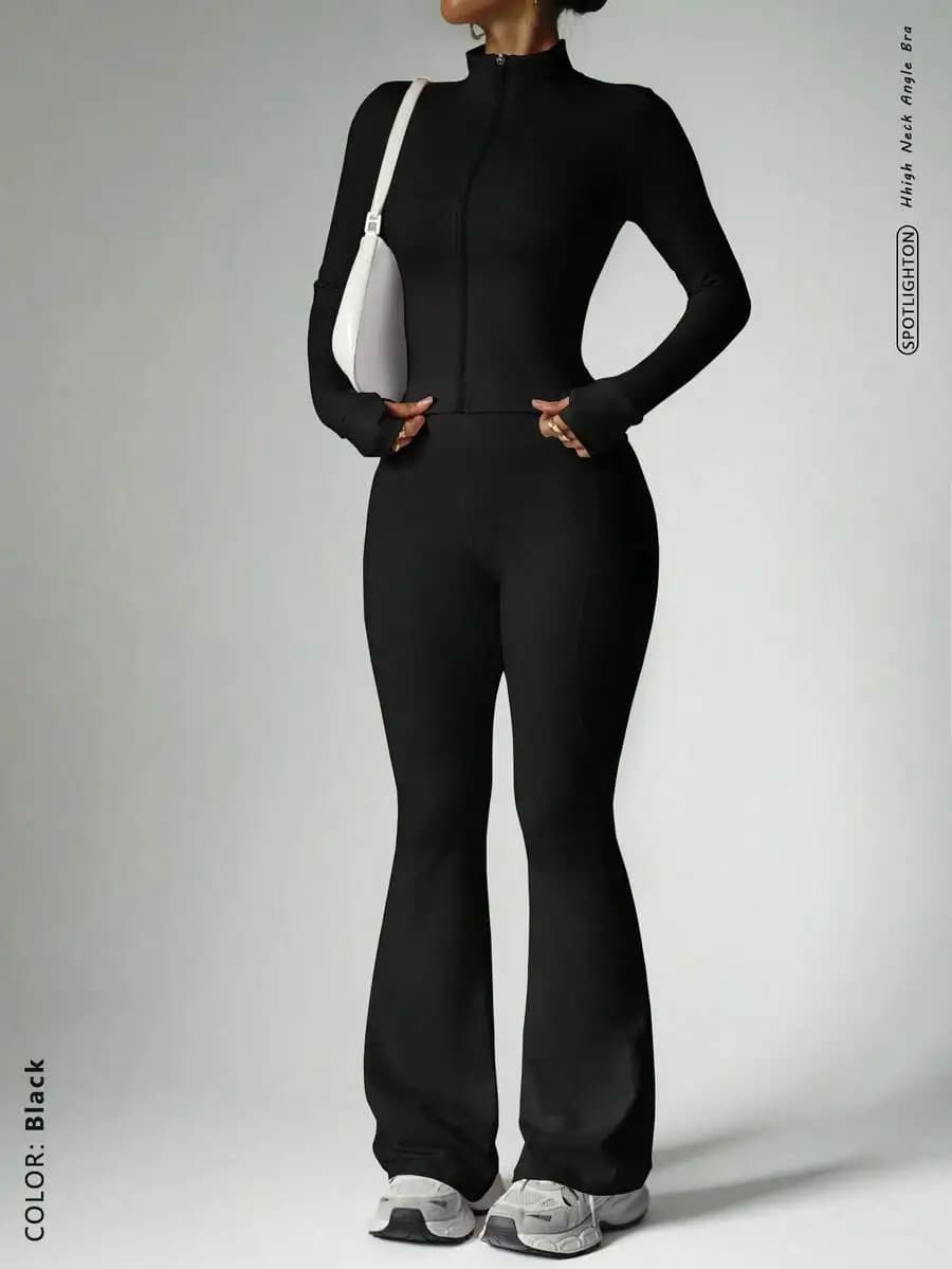 Women's 2Pcs Corset Zip Jacket & Flare Pants: Waist Cinching, Butt Lifting Fitness Set for Spring, Black