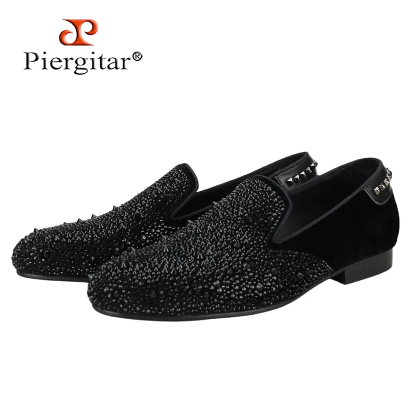 Piergitar Velluto nero con cristalli fatti a mano e punte Mocassini da uomo PP Stesso design Slip-On Flats Elegante fodera in raso viola