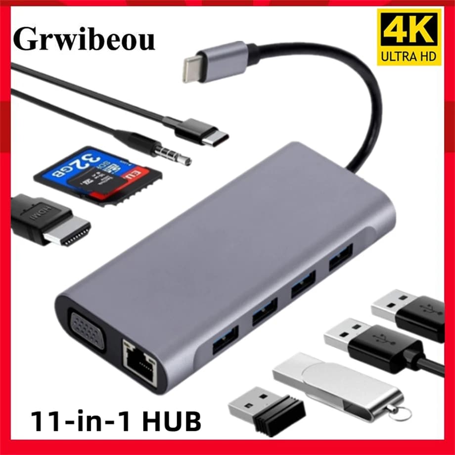 HUB USB C 11 in 1 Type C to RJ45 4K 30Hz HDMI Adapter VGA SD TF USB 3.0 2.0 Docking PD 87W USB C Splitter for MacBook Pro Air