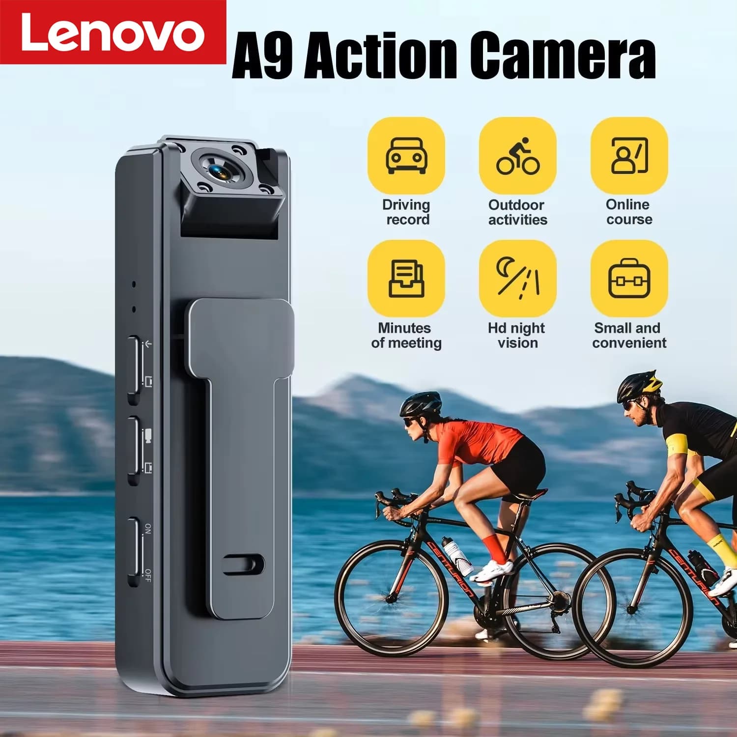 Telecamera Portatile Lenovo A9 Mini 1080P HD con Visione Notturna a Infrarossi, Registratore con Clip Posteriore per Sport all'Aperto e Ciclismo