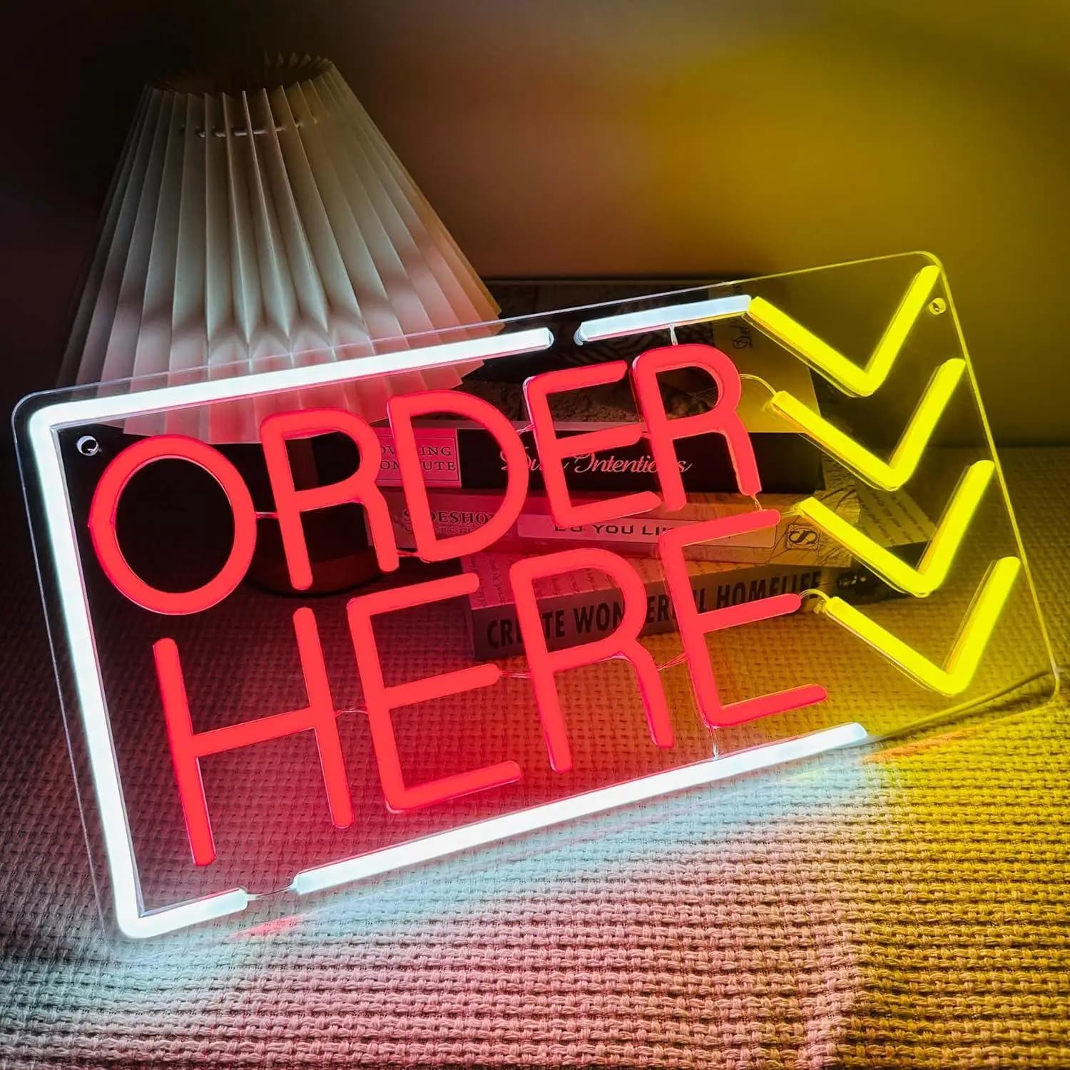 Order Here Neon Sign USB Dimmable LED Light for Store Supermarket Business Bar Shop Commercial Streets Wall Aesthetic Decor
